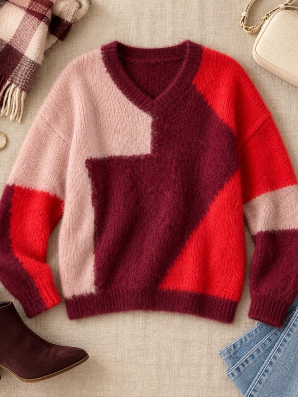 NEW Molly bracken colour block patchwork red sweater SZ M/L NWT Soft and Fuzzy
